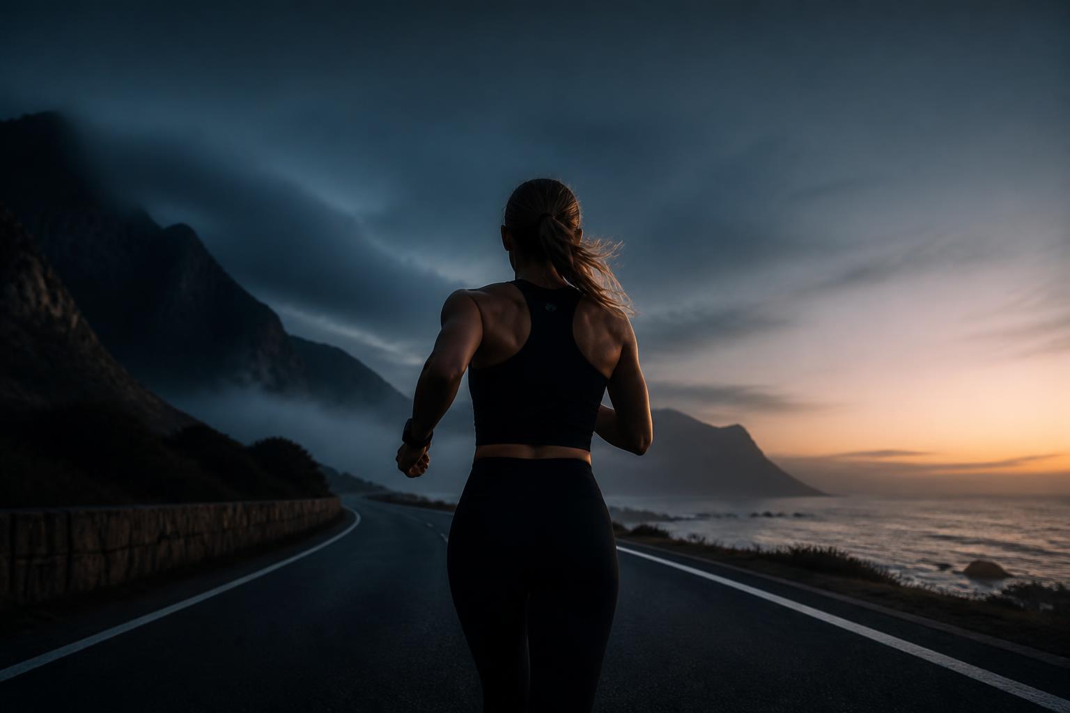 Athlete running on a coastal road at dawn